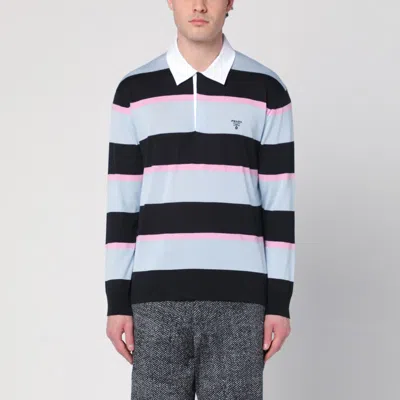 Prada Striped Polo In Silk And Cotton In Black