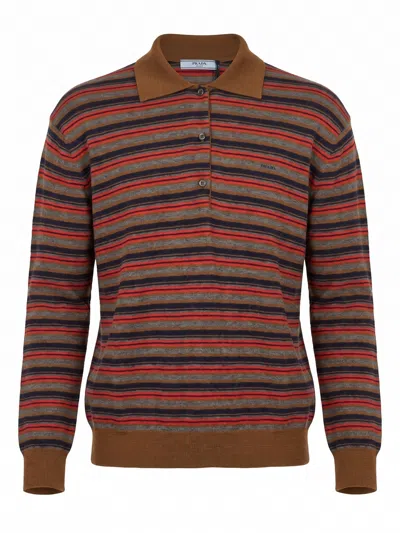 Prada Striped Polo-neck Sweater In Brown
