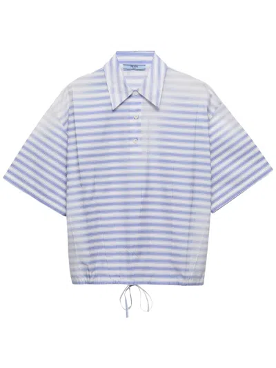 Prada Striped Old Poplin Polo Shirt In Periwinkle Blue