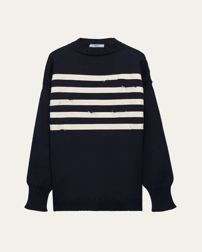 PRADA STRIPED RAW CUT OVERSIZED WOOL SWEATER