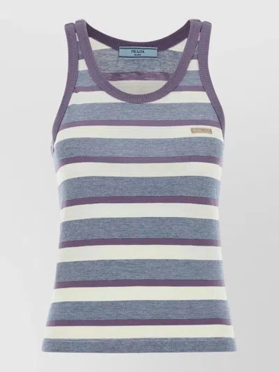 Prada Striped Scoop Neck Sleeveless Knit Top In Blue