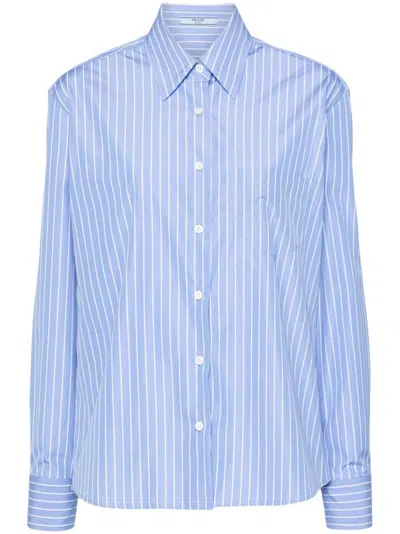 Prada Striped Poplin Shirt In Blue