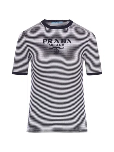 Prada Striped Silk Crewneck Sweater With Logo Clothing In Blue
