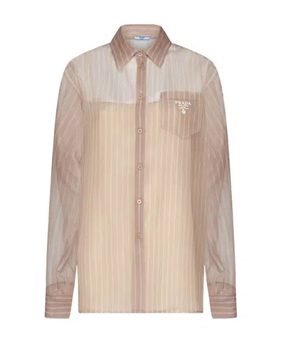 Prada Striped Silk Long-sleeve Shirt In Nude
