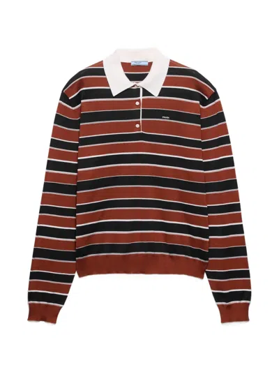 Prada Long-sleeved Stripe Silk Polo T-shirt In Brown