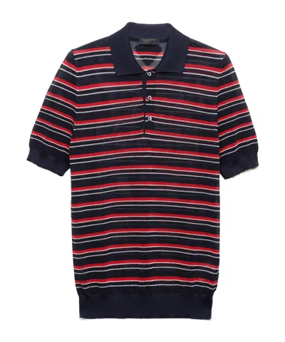 Prada Striped Silk Polo Shirt In Pilot Blue