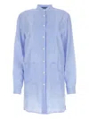 Prada Striped Silk Shirt With Mandarin Collar In Blue