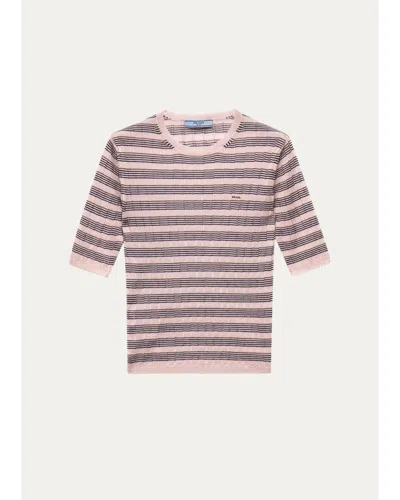 Prada Striped Silk-cashmere Short-sleeve Sweater In Rosa