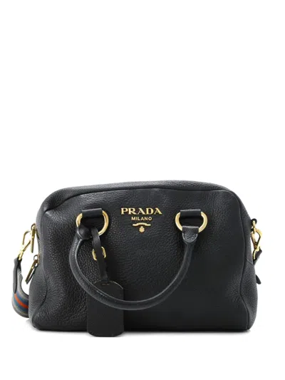 Pre-owned Prada Striped Strap Convertible Bauletto Bag Vitello Phenix Medium Satchel In Black