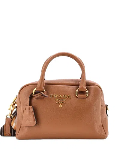 Pre-owned Prada Striped Strap Convertible Bauletto Bag Vitello Phenix Small Satchel In Brown