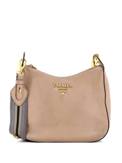 Pre-owned Prada Striped Strap Zip Hobo Vitello Daino Medium Crossbody Bag In Neutral