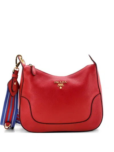 Pre-owned Prada Striped Strap Zip Hobo Vitello Daino Medium Crossbody Bag In Red