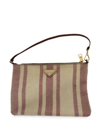 Pre-owned Prada Striped Triangle Logo Pouch In Neutrals