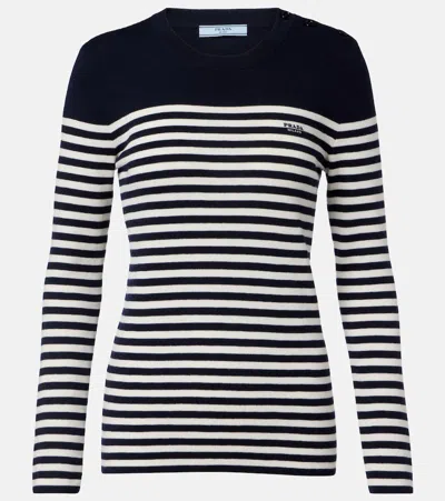 Prada Embroidered Virgin Wool Sweater With Striped Detail In Black