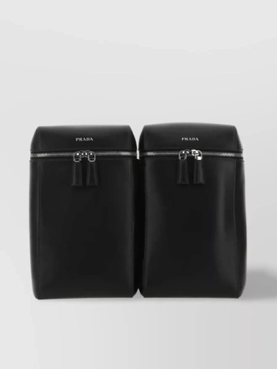 Prada Structured Leather Backpack With Logo Zipper Closure In Black