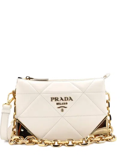 Pre-owned Prada Structured Logo Quilted Leather Mini Crossbody Bag In White