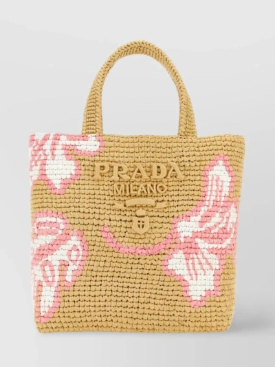 Prada Structured Two-tone Tote With Top Handle In Beige