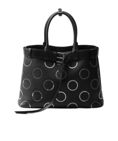 Prada Buckle Large Leather Bag With Appliqués In Black
