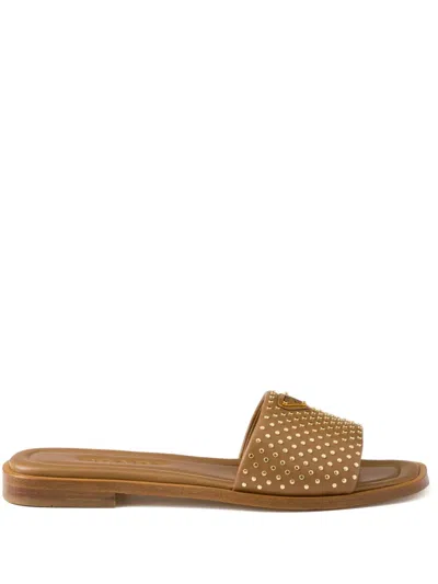 Prada Stud-embellished Leather Slides In Caramel
