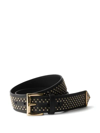 Prada Stud Embellishment Leather Belt In Black