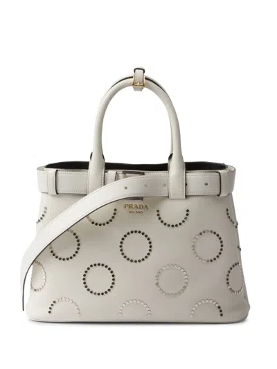 Prada Studded Belted Tote Bag In White