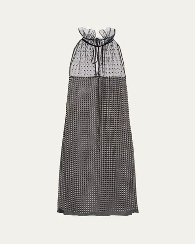 Prada Studded Chiffon Ruffle-neck Mini Dress In Nero