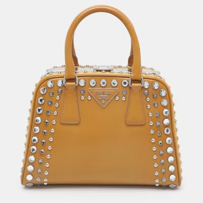 Pre-owned Prada Studded Pyramid Small Two Tone Saffiano Patent Leather Frame Bag In Yellow