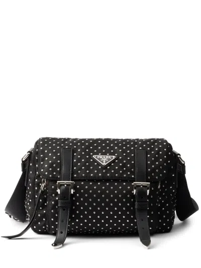 Prada Studded Re-nylon Shoulder Bag In Black