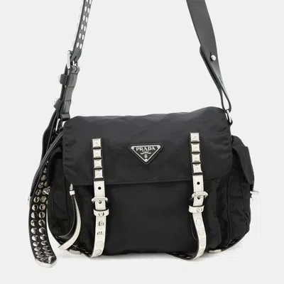 Pre-owned Prada Studded Shoulder Bag Black/white Nylon Leather