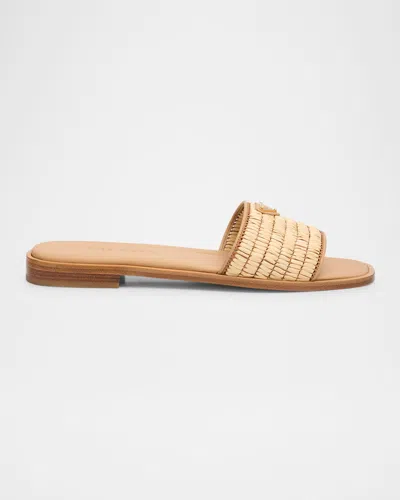 Prada Beige Raffia And Leather Slippers In Neutral
