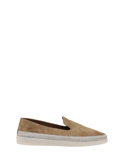 Prada Brown Suede Slip-on Flat Shoes With Textured Sole