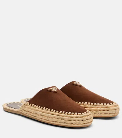 Prada Suede And Jute Mules In Brown