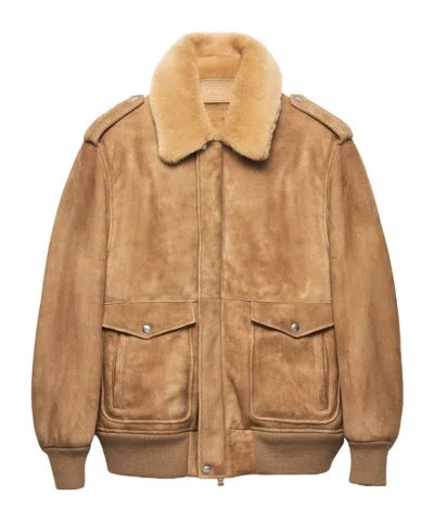 Prada Suede And Shearling Bomber Jacket In Orange