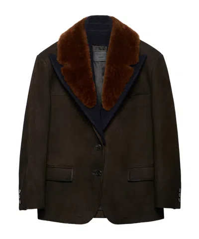 Prada Suede And Shearling Caban Jacket In Brown