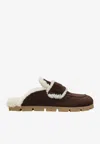 Prada Shearling-trim Logo-plaque Suede Mules In Brown