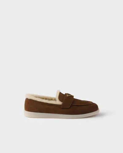 Prada Suede And Shearling Loafers In Brown