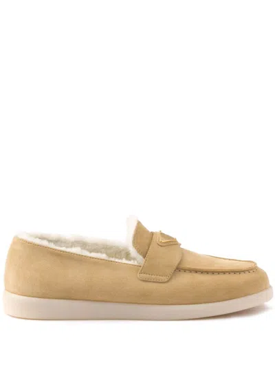 Prada Suede And Shearling Loafers In Neutrals