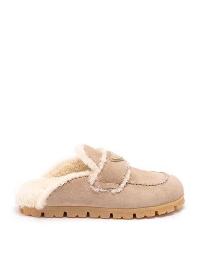 Prada Suede And Shearling Mules In Neutral