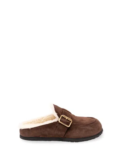 Prada Suede And Shearling Mules In Brown