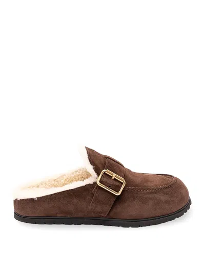 Prada Brown Suede Shearling Mules In Blue