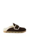 Prada Shearling-trim Logo-plaque Suede Mules In Brown