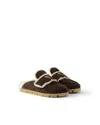 Prada Shearling-trim Logo-plaque Suede Mules In Brown