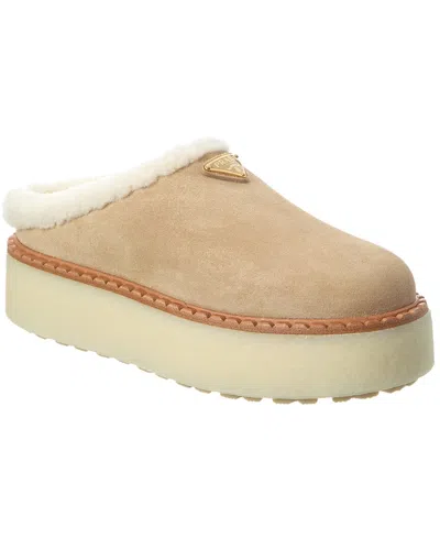 Prada Shearling Lining Suede Slippers In Neutral