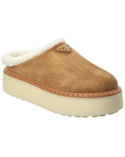 Prada Evolve Shearling-trimmed Suede Platform Mules In Brown