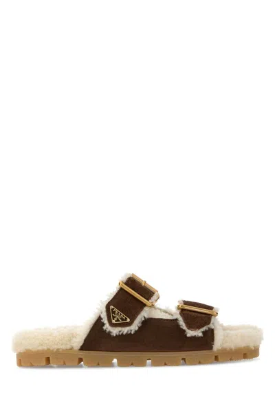Prada Suede And Shearling Slides In Brown