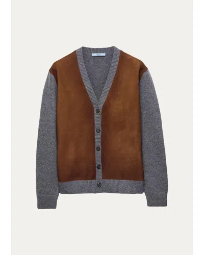 Prada Suede & Wool Knit V-neck Cardigan In Gray