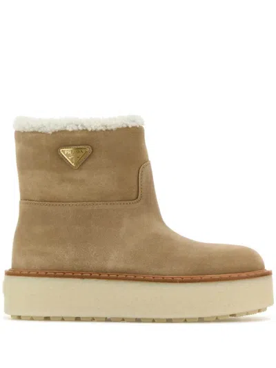 Prada Beige Suede Ankle Boots In Brown