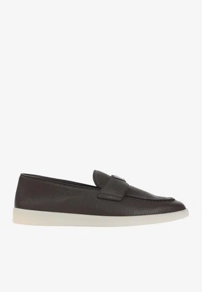 Prada Suede Apron-toe Triangle Loafers In Brown