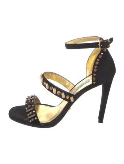 Pre-owned Prada Suede Beaded Accents Sandals In Black