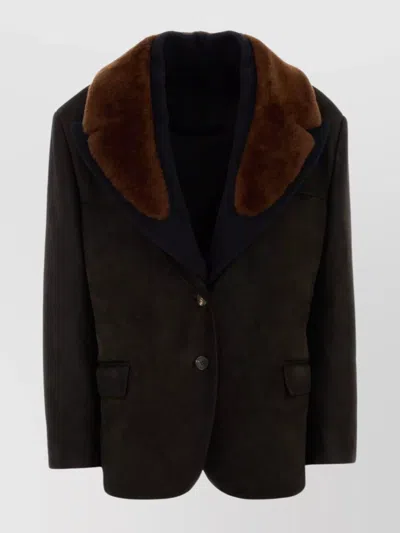 Prada Suede Blazer With Faux Fur Collar